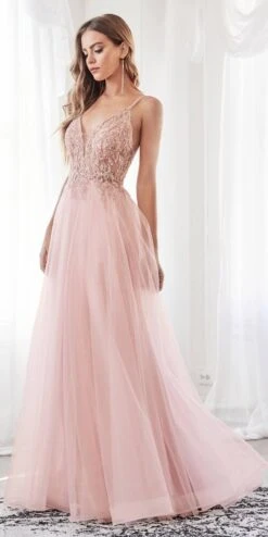 Cinderella Divine CD0154 Long Dress Beaded Applique Bodice Layered Tulle Skirt(Long A Line Dress Smokey Blue Beaded Applique Bodice Layered Tulle Skirt) -Dress Promotion Store CD0154 cinderella divine blush side