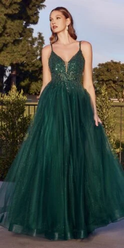 Cinderella Divine CD0154 Long Dress Beaded Applique Bodice Layered Tulle Skirt(Long A Line Dress Smokey Blue Beaded Applique Bodice Layered Tulle Skirt) -Dress Promotion Store CD0154 emerald 1