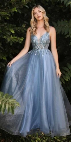 Cinderella Divine CD0154 Long Dress Beaded Applique Bodice Layered Tulle Skirt(Long A Line Dress Smokey Blue Beaded Applique Bodice Layered Tulle Skirt) -Dress Promotion Store CD0154 smokyblue 1