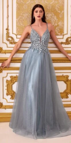 Cinderella Divine CD0154 Long Dress Beaded Applique Bodice Layered Tulle Skirt(Long A Line Dress Smokey Blue Beaded Applique Bodice Layered Tulle Skirt) -Dress Promotion Store CD0154 smokyblue