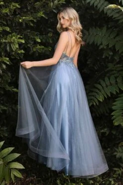 Cinderella Divine CD0154 Long Dress Beaded Applique Bodice Layered Tulle Skirt(Long A Line Dress Smokey Blue Beaded Applique Bodice Layered Tulle Skirt) -Dress Promotion Store CD0154 smokyblue 1