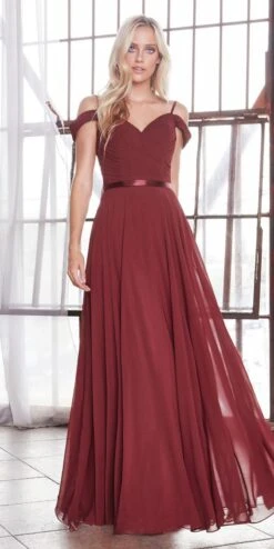 Cinderella Divine CD0156 Long Off The Shoulder Chiffon Gown Corset Back(Long Off The Shoulder Chiffon Gown Navy Blue Corset Back Satin Belt) -Dress Promotion Store CD0156 cinderella divine burgundy