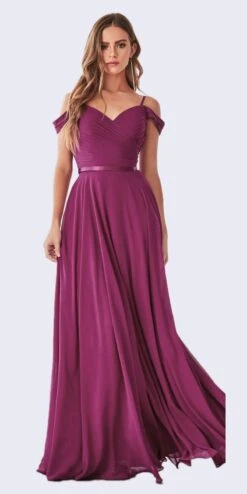 Cinderella Divine CD0156 Long Off The Shoulder Chiffon Gown Corset Back(Long Off The Shoulder Chiffon Gown Navy Blue Corset Back Satin Belt) -Dress Promotion Store CD0156 cinderella divine magenta