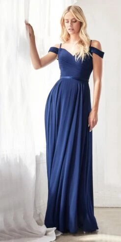 Cinderella Divine CD0156 Long Off The Shoulder Chiffon Gown Corset Back(Long Off The Shoulder Chiffon Gown Navy Blue Corset Back Satin Belt) -Dress Promotion Store CD0156 cinderella divine navy blue