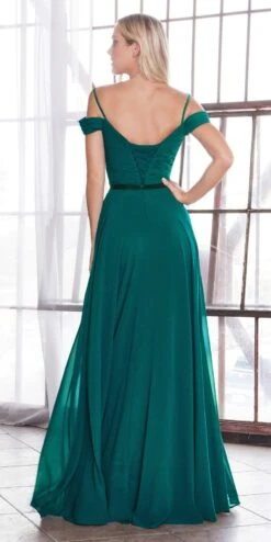 Cinderella Divine CD0156 Long Off The Shoulder Chiffon Gown Corset Back(Long Off The Shoulder Chiffon Gown Navy Blue Corset Back Satin Belt) -Dress Promotion Store CD0156 cinderella divine teal back
