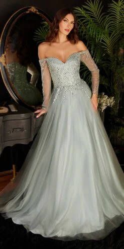 Cinderella Divine CD0172 A-Line Layered Tulle Gown Off The Shoulder Long Sleeve(Cinderella Divine Cd0172 A Line Layered Smokey Blue Tulle Gown Off The Shoulder Long Sleeve) -Dress Promotion Store CD0172 sage