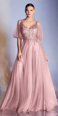 Cinderella Divine CD0175 Floor Length Layered Tulle A-Line Gown Butterfly Sleeve(Floor Length Layered Tulle A Line Rose Gold Gown Butterfly Sleeve) -Dress Promotion Store CD0175 cinderella divine rose gold