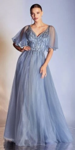 Cinderella Divine CD0175 Floor Length Layered Tulle A-Line Gown Butterfly Sleeve(Floor Length Layered Tulle A Line Rose Gold Gown Butterfly Sleeve) -Dress Promotion Store CD0175 cinderella divine smokey blue