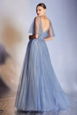 Cinderella Divine CD0175 Floor Length Layered Tulle A-Line Gown Butterfly Sleeve(Floor Length Layered Tulle A Line Rose Gold Gown Butterfly Sleeve) -Dress Promotion Store CD0175 cinderella divine smokey blue back