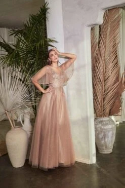 Cinderella Divine CD0175 Floor Length Layered Tulle A-Line Gown Butterfly Sleeve(Floor Length Layered Tulle A Line Rose Gold Gown Butterfly Sleeve) -Dress Promotion Store CD0175 mocha gold