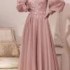 Cinderella Divine CD0183 Puff Long Sleeve Chiffon Formal Gown(Puff Long Sleeve Chiffon Formal Gown By Cinderella Divine Cd0183) -Dress Promotion Store CD0183 MAUVE