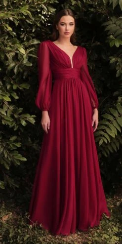 Cinderella Divine CD0192 Long Sleeve A-Line Chiffon Dress(Long Sleeve A Line Chiffon Dress By Cinderella Divine Cd0192) -Dress Promotion Store CD0192 BURGUNDY 1
