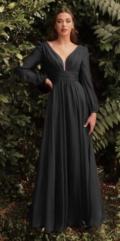 Cinderella Divine CD0192 Long Sleeve A-Line Chiffon Dress(Long Sleeve A Line Chiffon Dress By Cinderella Divine Cd0192) -Dress Promotion Store CD0192 black