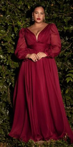 Cinderella Divine CD0192 Long Sleeve A-Line Chiffon Dress(Long Sleeve A Line Chiffon Dress By Cinderella Divine Cd0192) -Dress Promotion Store CD0192 burgundy 2