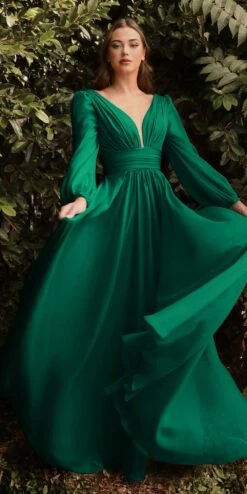 Cinderella Divine CD0192 Long Sleeve A-Line Chiffon Dress(Long Sleeve A Line Chiffon Dress By Cinderella Divine Cd0192) -Dress Promotion Store CD0192 emerald