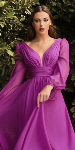 Cinderella Divine CD0192 Long Sleeve A-Line Chiffon Dress(Long Sleeve A Line Chiffon Dress By Cinderella Divine Cd0192) -Dress Promotion Store CD0192 orchid