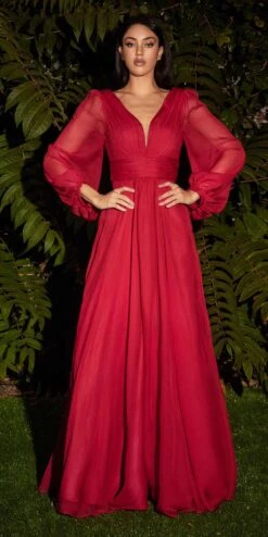 Cinderella Divine CD0192 Long Sleeve A-Line Chiffon Dress(Long Sleeve A Line Chiffon Dress By Cinderella Divine Cd0192) -Dress Promotion Store CD0192 red