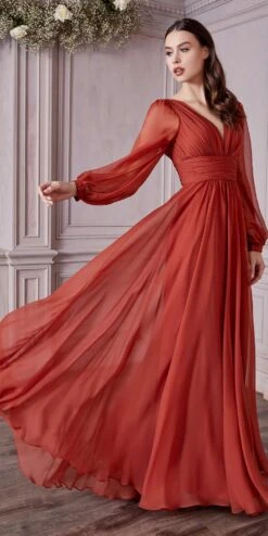 Cinderella Divine CD0192 Long Sleeve A-Line Chiffon Dress(Long Sleeve A Line Chiffon Dress By Cinderella Divine Cd0192) -Dress Promotion Store CD0192 sienna