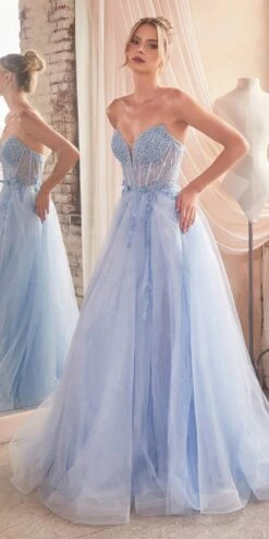 Ladivine CD0230 Long Strapless Layered Tulle Leg Slit Ballgown(Ladivine Cd0230 Long Strapless Layered Tulle Leg Slit Ballgown) -Dress Promotion Store CD0230 LT blue