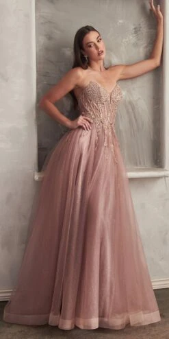 Ladivine CD0230 Long Strapless Layered Tulle Leg Slit Ballgown(Ladivine Cd0230 Long Strapless Layered Tulle Leg Slit Ballgown) -Dress Promotion Store CD0230 mocha gold