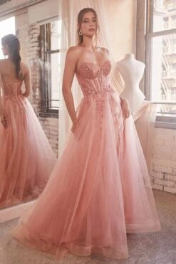 Ladivine CD0230 Long Strapless Layered Tulle Leg Slit Ballgown(Ladivine Cd0230 Long Strapless Layered Tulle Leg Slit Ballgown) -Dress Promotion Store CD0230 rosegold 2