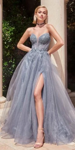 Ladivine CD0230 Long Strapless Layered Tulle Leg Slit Ballgown(Ladivine Cd0230 Long Strapless Layered Tulle Leg Slit Ballgown) -Dress Promotion Store CD0230 smokyblue