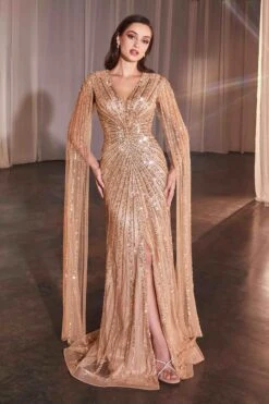Ladivine CD0239 Long Sleeve Fully Beaded Sheath Gown(Ladivine Cd0239 Long Sleeve Fully Beaded Sheath Gown) -Dress Promotion Store CD0239 MOCHA GOLD FRONT