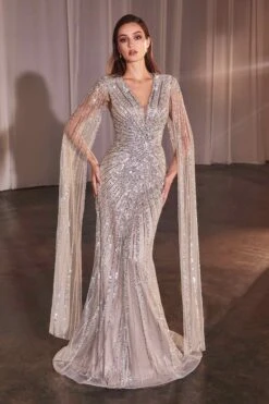 Ladivine CD0239 Long Sleeve Fully Beaded Sheath Gown(Ladivine Cd0239 Long Sleeve Fully Beaded Sheath Gown) -Dress Promotion Store CD0239 SILVER NUDE