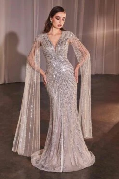 Ladivine CD0239 Long Sleeve Fully Beaded Sheath Gown(Ladivine Cd0239 Long Sleeve Fully Beaded Sheath Gown) -Dress Promotion Store CD0239 SILVER NUDE 1