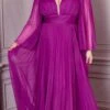 Cinderella Divine CD242C Pleated Chiffon Long Sleeve Gown(Pleated Chiffon Long Sleeve Gown By Cinderella Divine Cd242c) -Dress Promotion Store CD242C orchid