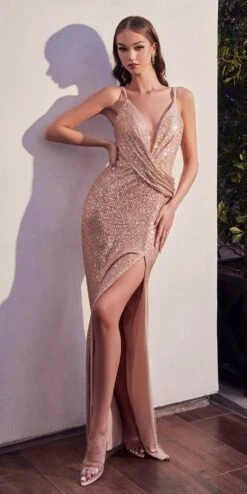 Ladivine CD279 Long Draped Fitted Sequin Formal Gown With Slit(Ladivine Cd279 Long Draped Fitted Sequin Formal Gown With Slit)