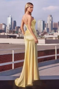 Ladivine CD381 Dress Cut Out Fitted Satin Gown(Ladivine Cd381 Dress Cut Out Fitted Satin Gown) -Dress Promotion Store CD381 LT YELLOW BACK
