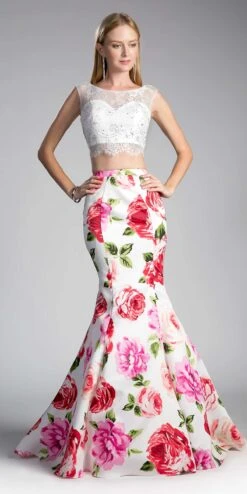 Cinderella Divine CD701L Long Printed Mermaid Skirt(Two Piece Prom Gown Lace White Top Printed Mermaid Skirt)