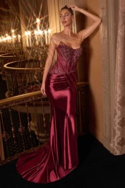 Ladivine CD725 Strapless Fitted Gown Scoop Neckline Crystal Lace(Ladivine Cd725 Strapless Fitted Gown Scoop Neckline Crystal Lace) -Dress Promotion Store CD725 BURGUNDY 2