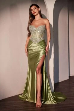 Ladivine CD736 Dress Crystal Strapless Fitted Satin Gown(Ladivine Cd736 Dress Crystal Strapless Fitted Satin Gown) -Dress Promotion Store CD736 GREENERY FRONT