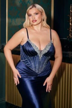 Ladivine CD752C Dress Fitted Satin Embellished Plus Size Gown(Ladivine Cd752c Dress Fitted Satin Embellished Plus Size Gown) -Dress Promotion Store CD752C NAVY 1