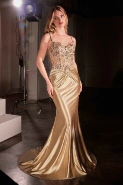 Ladivine CD776 Dress Fitted Satin And Lace Embellished Gown(Ladivine Cd776 Dress Fitted Satin And Lace Embellished Gown) 8 Ladivine CD776 Dress Fitted Satin And Lace Embellished Gown(Ladivine Cd776 Dress Fitted Satin And Lace Embellished Gown) -Dress Promotion Store CD776 LADIVINE GOLD