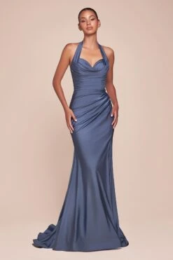 Ladivine CD796 Dress Floor Length Stretch Satin Halter Fitted Gown(Ladivine Cd796 Dress Floor Length Stretch Satin Halter Fitted Gown) 19 Ladivine CD796 Dress Floor Length Stretch Satin Halter Fitted Gown(Ladivine Cd796 Dress Floor Length Stretch Satin Halter Fitted Gown) -Dress Promotion Store CD796 LADIVINE SMOKY BLUE