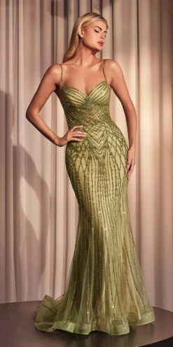 Ladivine CD846 Long Bead Embellished Fit And Flare Gown(Ladivine Cd846 Long Beaded Black Silver Fit And Flare Gown) -Dress Promotion Store CD846 GREENERY