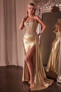Ladivine CD868 Long Glamorous Lace Detailed Formal Gown Side Sash(Ladivine Cd868 Long Glamorous Lace Detailed Formal Gown Side Sash) -Dress Promotion Store CD868 ladivine gold side