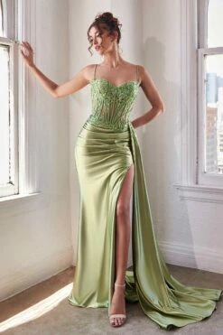 Ladivine CD868 Long Glamorous Lace Detailed Formal Gown Side Sash(Ladivine Cd868 Long Glamorous Lace Detailed Formal Gown Side Sash) -Dress Promotion Store CD868 ladivine greenary