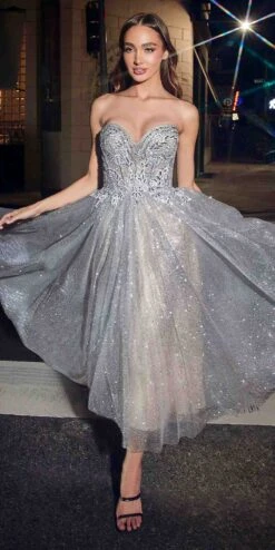 Ladivine CD871 Strapless Tea Length Glitter Dress Lace Embellished Corset Bodice(Ladivine Cd871 Strapless Tea Length Glitter Dress Lace Embellished Corset Bodice)