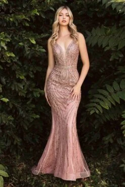 Ladivine CD935 Fitted Mermaid Gown Geometric Beaded Embellishment(Fitted Mermaid Gown Geometric Silver Beaded Embellishment Tulle Overlay) -Dress Promotion Store CD935 ladivine rose gold