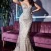 Ladivine CD935 Fitted Mermaid Gown Geometric Beaded Embellishment(Fitted Mermaid Gown Geometric Silver Beaded Embellishment Tulle Overlay) -Dress Promotion Store CD935 ladivine silver nude