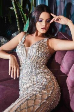 Ladivine CD935 Fitted Mermaid Gown Geometric Beaded Embellishment(Fitted Mermaid Gown Geometric Silver Beaded Embellishment Tulle Overlay) -Dress Promotion Store CD935 ladivine silver nude sitting