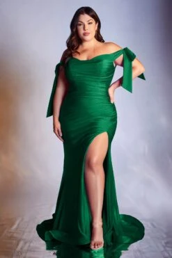 Cinderella Divine CD943C Long Fitted Stretch Jersey Formal Dress Off Shoulder(Long Fitted Stretch Jersey Formal Dress Emerald Green Off Shoulder Ties) -Dress Promotion Store CD943C ladivine emerald
