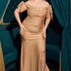 Cinderella Divine CD943C Long Fitted Stretch Jersey Formal Dress Off Shoulder(Long Fitted Stretch Jersey Formal Dress Emerald Green Off Shoulder Ties) -Dress Promotion Store CD943 NUDE GOLD front