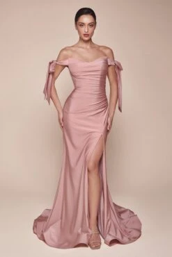 Cinderella Divine CD943C Long Fitted Stretch Jersey Formal Dress Off Shoulder(Long Fitted Stretch Jersey Formal Dress Emerald Green Off Shoulder Ties) -Dress Promotion Store CD943 ladivine dusty rose