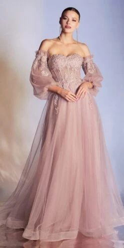 Cinderella Divine CD948 Princess-Like A-Line Tulle Gown Removable Blouson Sleeves(Princess Like Dusty Rose A Line Tulle Gown Removable Blouson Sleeves) -Dress Promotion Store CD948 cinderella divine dusty rose