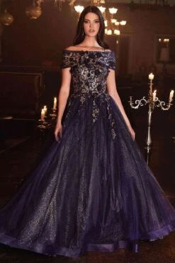 Cinderella Divine CD955 Long Strapless Glitter Layered Tulle Ball Gown(Long Strapless Glitter Layered Tulle Ball Gown By Cinderella Divine Cd955) -Dress Promotion Store CD955 cinderella divine navy blue gold full